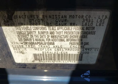 2010 Nissan Sentra 2.0 z USA, uszkodzony, nr VIN 3N1AB6AP0AL615958